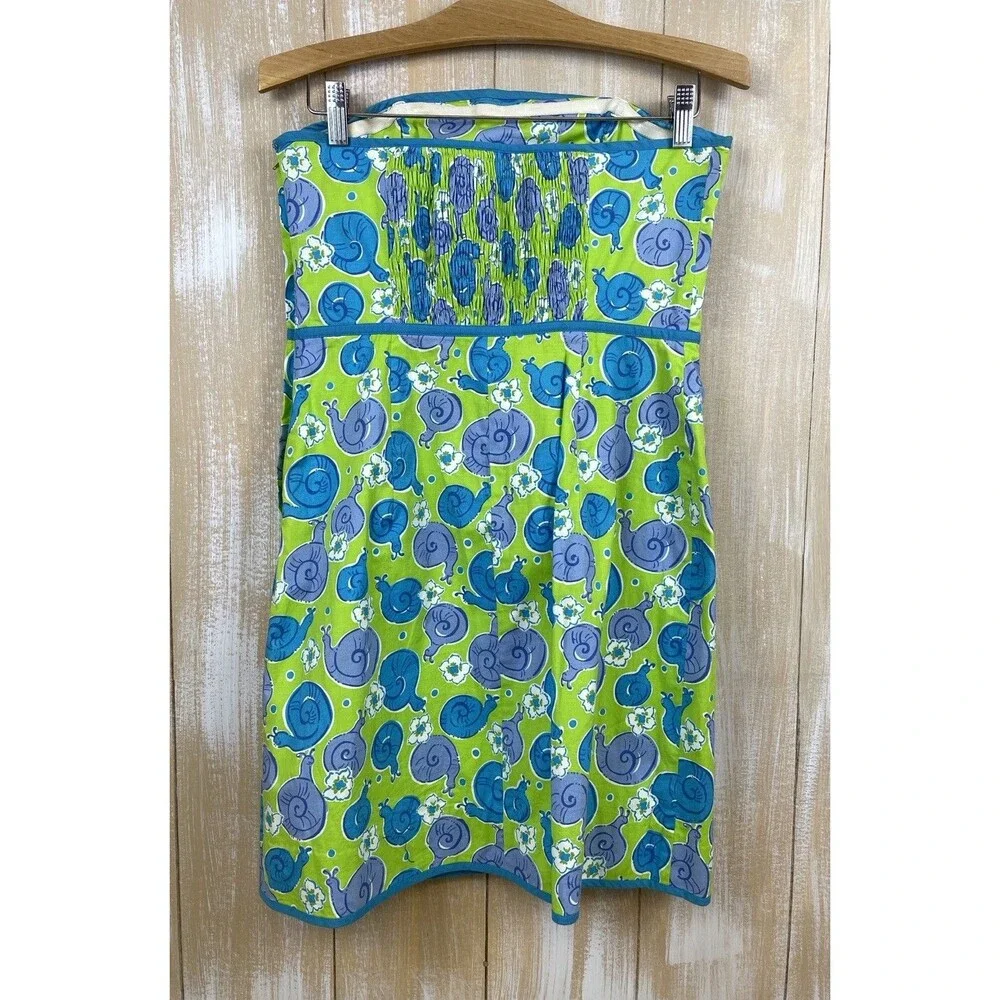Lilly Pulitzer Strapless Dress Green Blue Snails Print Open Back Sz 8 - Picture 3 of 12